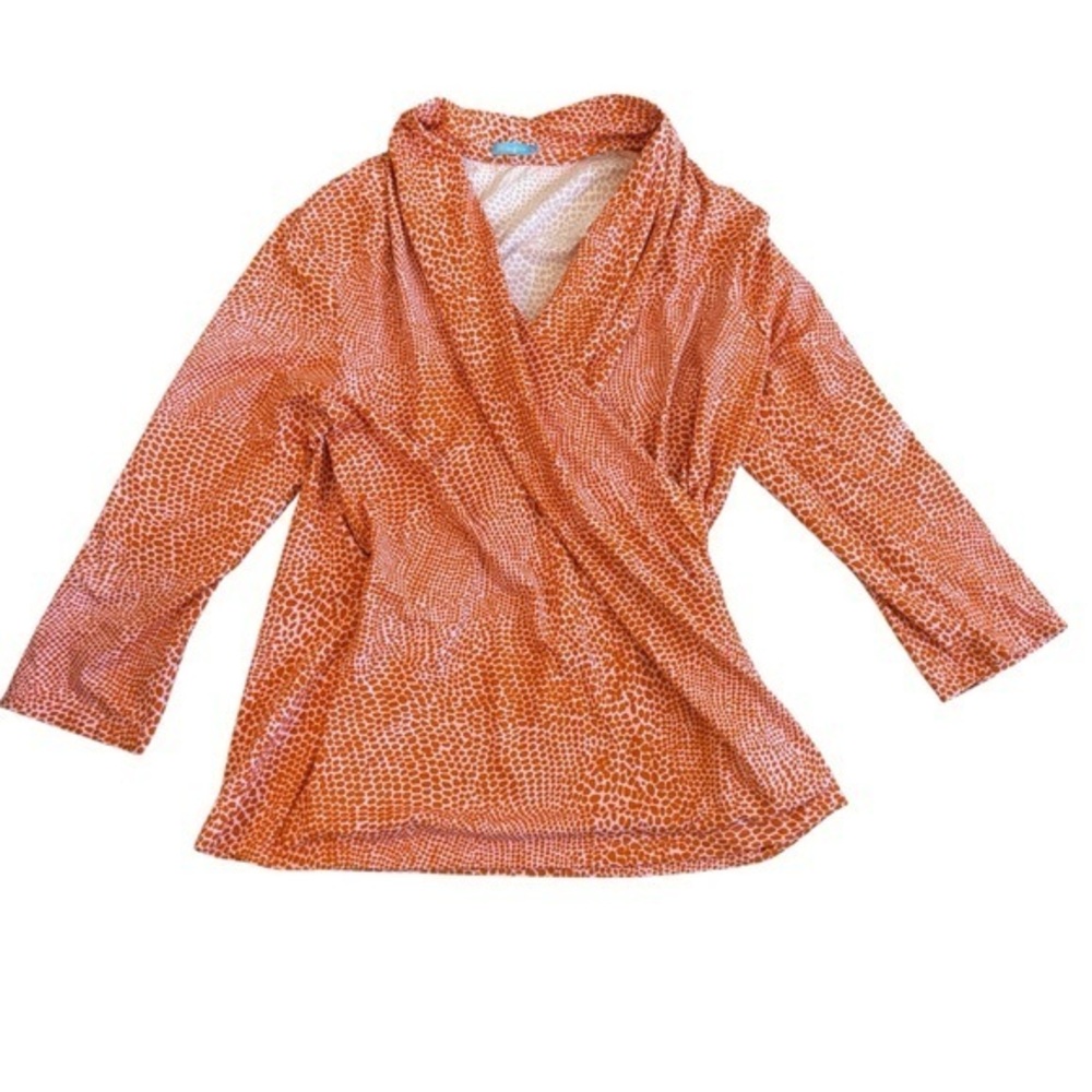 J. McLaughlin Women’s Top Size XL Orange White Animal Print Faux Wrap 3/4 Sleeve